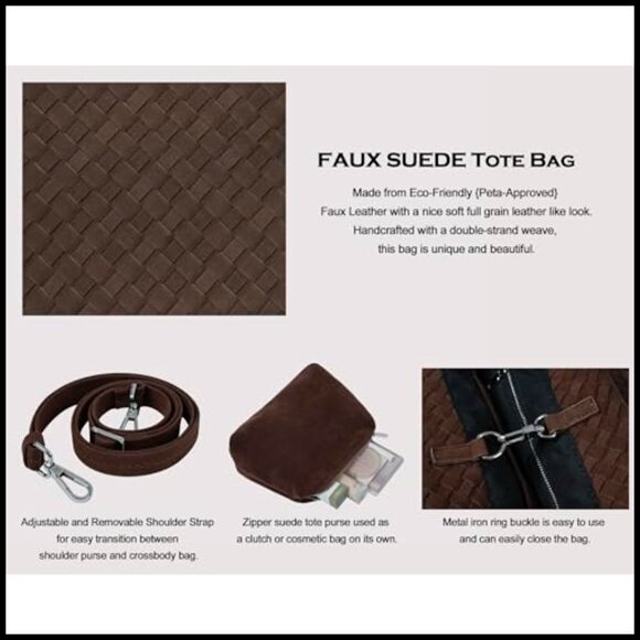 Vintage Woven Tote Bag Vegan Leather Slouchy Hobo Crossbody Large Capacity - Picture 6 of 6